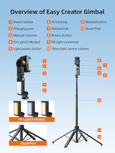 Rollei Auto Face Tracking Tripod, Smartphone Gimbal Stabilizer 61'' Selfie Stick Tripod Holder 360° Rotation for iPhone/Android Stand for Filming Streaming Tiktok Video Vlog - style: Easy Creator Gimbal