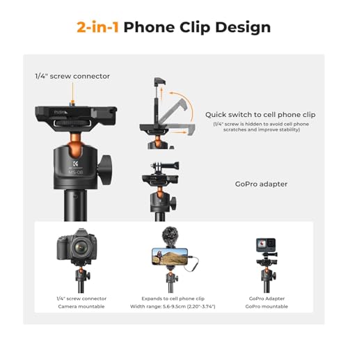 K&F CONCEPT MS08 62'' Phone Selfie Stick Tripod, 2-in-1 Extendable Cell Phone Tripod Stand with Remote, 360° Ball Head Camera Tripod Compatible with DJI Osmo Pocket 4/3 GoPro 13/12 iPhone17. - color: Black