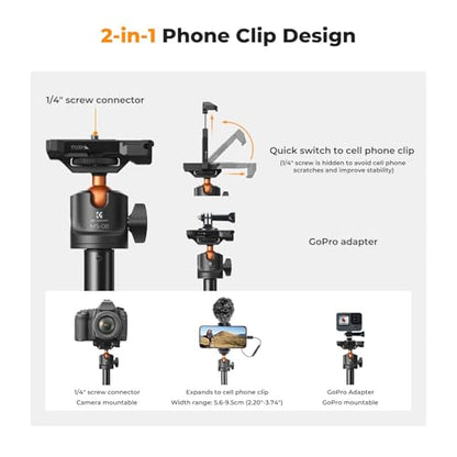 K&F CONCEPT MS08 62'' Phone Selfie Stick Tripod, 2-in-1 Extendable Cell Phone Tripod Stand with Remote, 360° Ball Head Camera Tripod Compatible with DJI Osmo Pocket 4/3 GoPro 13/12 iPhone17. - color: Black