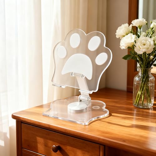Cat Paw Phone Stand, Acrylic Mobile Holder with 360° Rotation,Adjustable Desktop Stand for Home Office and Video Calls,White