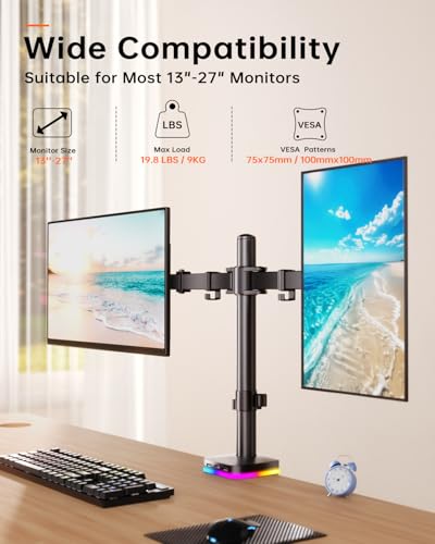 Afaloona RGB Dual Monitor Stand with USB Hub, Dual Monitor Mount for 13-27 Inch Screens, Adjustable Arm Desk Mount with 1 USB-C & 2 USB Ports, Height Swivel Tilt Rotation, VESA 75x75/100x100 - size: RGB Dual Monitor Arm