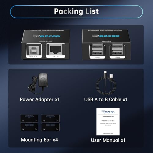 USB Extender 165ft 50m 4-Port USB2.0 HUB by Cat5e Cat6 -Two Webcam Work Sync,Plug & Play for Camera Storage Hard Drive PC Windows,MacOS,Android,1.5m USB Cable, 5V Power U SB Over Ethernet