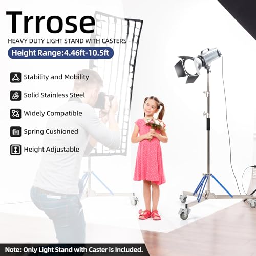 Heavy Duty Light Stand with Caster - 10.5ft/320cm Adjustable Light Stand with Stainless Steel, High Stability and Mobility Light Stand Photography for Strobe Light, Softbox, Reflector