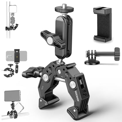 NEEWER Super Clamp with 3" Dual Ballhead Magic Arm, Cold Shoe, 1/4" Threads, Phone/Action Camera Mount Adapter for Desk Tripod Tube Crossbar Gimbal Rods Compatible with SmallRig GoPro DJI, ST83 - style: ST83