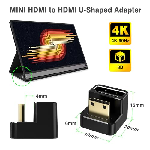 AGVEE 180 Degree Angled USB-C to USB-C Adapter and Short Side Inward U-Shaped Mini HDMI to HDMI Converter, HDMI 2.0 4k@60HZ, Coupler Extender Extension for Portable Display Monitor, Black - size: 1 Pack Short Side Inward