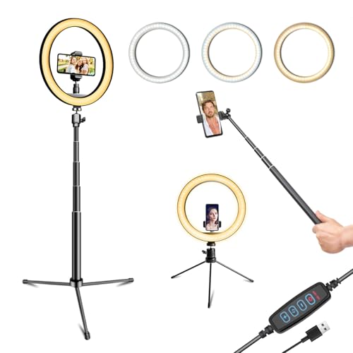 10" Selfie Ring Light with 10" Stand and 60" Selfie Stick, 3 Color Light Adjustment Suitable for Phones and Cameras, Makeup/Live Streaming/Taking Photos