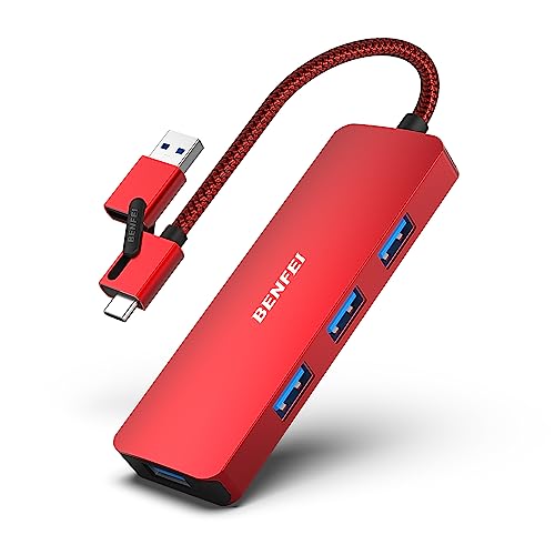 BENFEI USB 3.0 Hub, USB-C HUB, 2-in-1 USB Type-A/Type-C Hub with 4 USB 3.0 Ports [Aluminum Shell, Nylon Braided] Compatible with iPhone 15 Pro/Max, MacBook Pro/Air 2023, iPad Pro, iMac, S23, XPS 17 - color: Red, size: 0.5 Feet