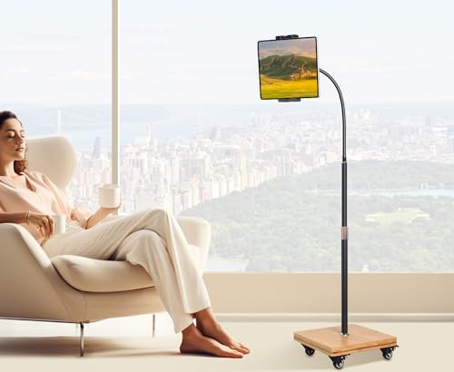 wishacc Tablet Floor Stand for Bed - Gooseneck Tablet Holder Mount with Adjustable Height and 4 Wheels, Compatible with iPad mini Air Pro 12.9/9.7, Galaxy Tab, Kindle, Cell Phones (4.7"-13") - size: 11.6 x 11.6 inches