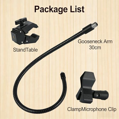 Microphone Stand Gooseneck11.8”/30cmMic Stand Desk With Adjustable Mic Clip & Super Crab Clamp,Heavy-Duty Desk Mount, for Podcasting, Streaming, Podium & Public Speaking.Flexible Gooseneck Mic Mount