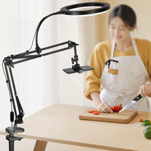 Overhead Camera Mount and Phone Holder with 10” Ring Light Canvas Lamp Adjustable Desk Tripod Stand Compatible with Logitech Webcam for YouTube, Live Streaming, TikTok, Cooking, Nail Video