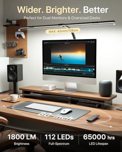 ONEMIX 42" LED Desk Lamp with Clamp, Architect Desk Light with Remote, Adjustable 4-Segment Bar, 1800LM Bright, Eye-Caring Desk Lamp for Home Office, Reading, Study, Dual Monitors, Workbench(Black) - color: Black