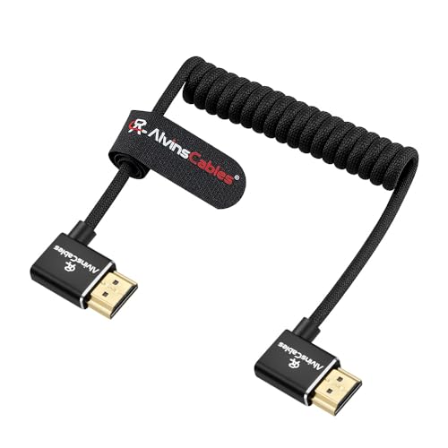 Alvin's Cables 8K 2.1 HDMI High Speed Braided Coiled Cable Left Angle to Left Angle for Atomos Ninja V, Portkeys BM5, for Feelworld Monitor, for Canon C300, Z CAM E2, Sony FS5| FS7| A7S3 Cameras - color: Black, size: Left to Left Angle