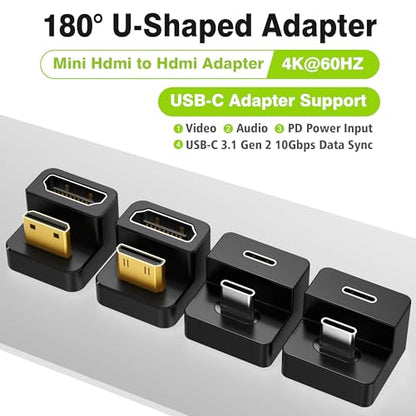 AGVEE 180 Degree Angled USB-C to USB-C Adapter and 2 Direction U-Shaped Mini HDMI to HDMI Converters, HDMI 2.0 4k@60HZ, Coupler Extender Extension for Portable Display Monitor, Black - size: 2 Pack 2 Direction