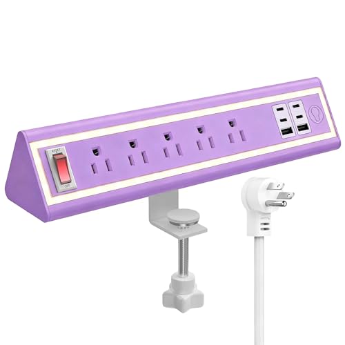 Desk Clamp Power Strip with Nightlight, 40W Fast Charging, 6FT Extension Cord, 4x20W USB-C & 2 USB Ports, 5 AC Outlets, Fits 1.69-Inch Table Edges - color: Purple