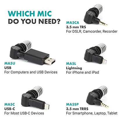 Movo MA5U Pocket Audio Microphone, Omnidirectional Pickup, 3.5mm Female TRS Headphone Port, Compatible with PC and Mac USB Drives