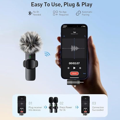 Lavalier Microphone - Wireless Lapel Microphone | Noise-Cancelling Mini Wireless | Portable Clip On Neck Sound Recorder for Podcasting Interviews Vlogging Studio