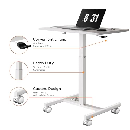 CROWNFURN Mobile Small Standing Rolling Desk Adjustable Height, Portable Laptop Desk on Wheels, Workstation for Home Office with Hook,White - color: White