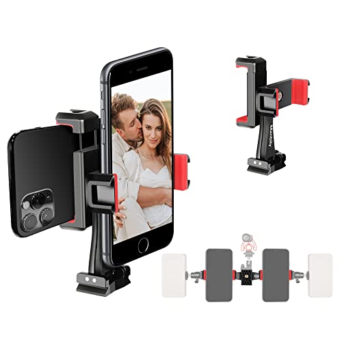Manbily Phone Tripod Mount Adapter, 360° Rotatable Dual Cell Phone Holder Clip, Adjustable Clamp with 4 Cold Shoe, for Tripod Monopod Selfie Stick Vlog Live Streaming Video Recording