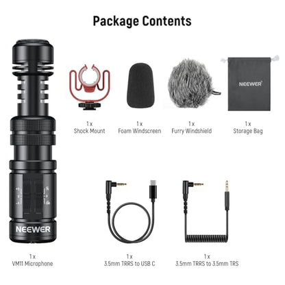 NEEWER Plug & Play Vlog Microphone, 20-20KHz Mini Supercardioid Mic with 3.5mm TRRS, Low Frequency Cut, Gain Control, Two OTG Compatible with iPhone 16 15 S25 Ultra Android Tablet Mac Camera, VM11 - style: VM11