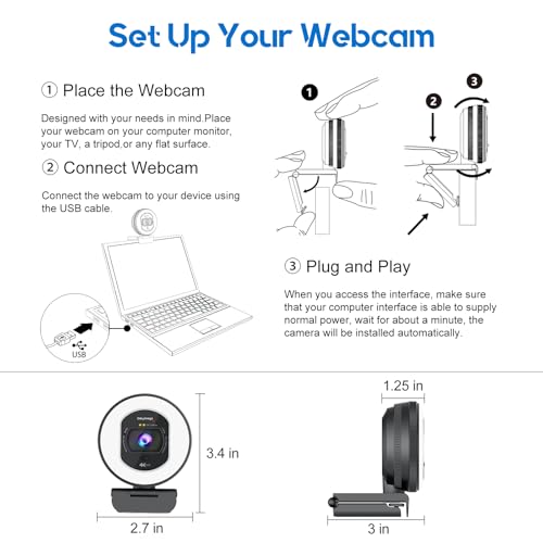 4K Webcam with Ring Light Web Cam 4K Autofocus with TOF Computer Camera 1080P 60FPS Web Camera Built-in Privacy Cover and Microphone Streaming Webcams for Zoom/Skype/Google Meet