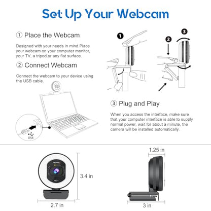 4K Webcam with Ring Light Web Cam 4K Autofocus with TOF Computer Camera 1080P 60FPS Web Camera Built-in Privacy Cover and Microphone Streaming Webcams for Zoom/Skype/Google Meet