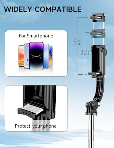 42" Selfie Stick Tripod with Fill Light Extendable Phone Stand All-in-1 Selfie Stick Travel Tripod with Detachable Remote & Phone Holder Cell Phone Tripod Compatible with iPhone/Android - color: Black with Light
