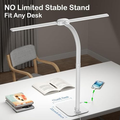 Desk Lamp with USB Charging Port for Home Office 24w Architect Remote Base Dual Task Led Light Modern 5 Color Modes Dimmable Adjustable Gooseneck Double Head Reading Drafting Eye Caring Tall Lamps - color: White