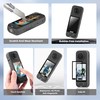 BRDRC Insta 360 X5 Case Bag + Silicone Lens Cap + 2 Pack Screen Protector Accessories Kit Carrying Case with Wrist Strap and Carabiner for Insta360 X5 X4 Protective Bundle - color: PU Case Bundle