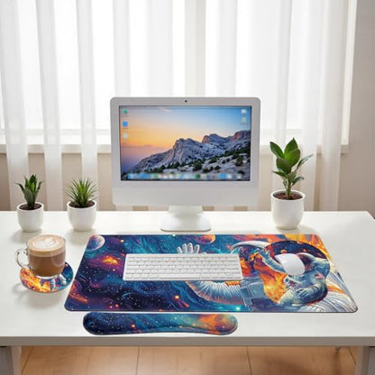 Cosmic Astronaut Desk Mat Set Colorful Galaxy Art Large Mouse Pad with Wrist Rest 4in1 Desk Mat for Desktop Ergonomic Keyboard Wrist Support Anti-Slip Computer Ergonomic Mouse Pad Home Office Gaming - color: Cosmic Astronaut