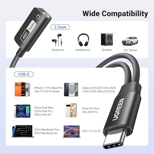 UGREEN Magnetic USB C to 3.5mm Audio Adapter and Charger 2 in 1 Hi-Res 32bit/384kHz Aux to USB C with PD 60W Fast Charging Dongle Cable for iPhone 17 Pro Max, Switch 2, Galaxy S26Ultra, iPad Pro