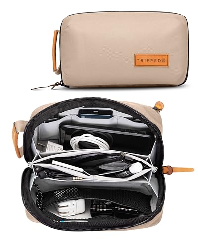Tech Bag Organizer - Small Electronics Organizer Pouch for Travel - Premium Travel Case with Leather Accents - Mesh Pocket for Cables, Cords and Chargers (Tan) - color: Tan