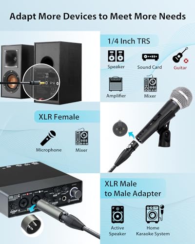 AA AUDIO ACCESSORY XLR Female to 1/4 Cable 6ft with XLR Male to Male Adapter Bundle, Rean Connectors from Neutrik, Kevlar-Reinforced Nylon Braided TRS Cable, Balanced Quarter Inch Cord - size: 6ft, style: XLR Female to 1/4 & XLR Adapter