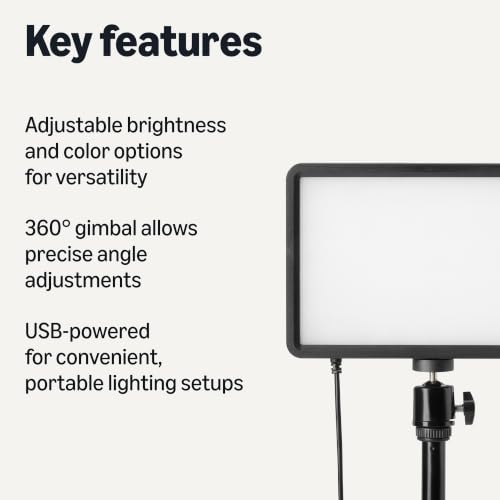 Amazon Basics 2-Pack Dimmable LED Video Light with 62.3-Inch Adjustable Tripod, RGB Modes, 360° Gimbal, USB-Powered, for Streaming, Content Creation