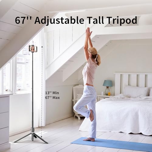 67'' Automatic Phone Tripod, Auto-Open Selfie Stick for iPhone with Remote, 360° Rotatable Extendable Phone Stand for Video Recording Vlog, Stable Travel Tripod Compatible with iPhone Android