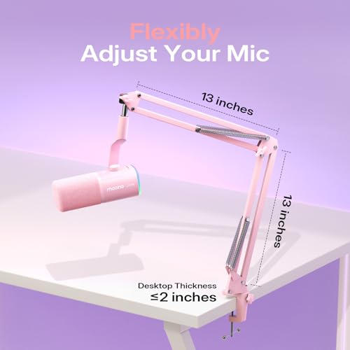 MAONO PD100W Wireless USB Dynamic Microphone, Gaming PC Mic with One-Click Noise Reduction,Mute Button,Custom RGB,3.5mm Headphone Jack,Software,Podcast Streaming Mic (Boom Arm(USB-C Receiver), Pink) - color: Pink