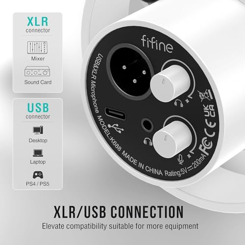 FIFINE Podcast XLR/USB Microphone Kit, Studio Dynamic Vocal Mic for Recording, Streaming, Voice-Over, PC Microphone with Boom Arm with Mute, Headphone Monitoring, Metal-AmpliTank K688T White - size: K688T White