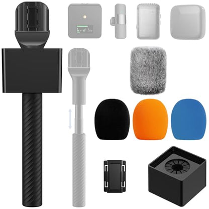 TONOR Wireless Mic Handle Compatible with DJI, RODE, Hollyland, Adjustable length Microphone Stand for ALL Lavalier Mic, Channel Flag Box, Rubber Grip, Wind Muff for Vlog, Reports, Interview, TP40