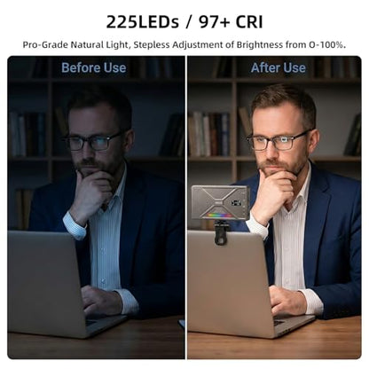 225 LED Portable Selfie Light, Video Conference Light, 4000mAh Rechargeable, App Control, Tripod, Metal Hot Shoe, Clip, CRI 97+, 24 Light Modes for Phone, Camera, Live Streaming, Makeup, Photography