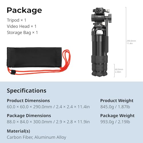 SmallRig Portable Carbon Fiber Tabletop Tripod Kit, 17'' Compact Mini Desktop Tripod with Video Head High Load-Bearing, Built-in QR Plate for Arca, Max Load 3kg / 6.6lb for Cameras, DSLR - style: Video Head