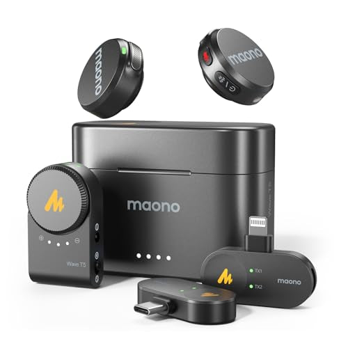 MAONO Wave T5 Mini Magnetic Wireless Lavalier Microphone for Content Creators Video Recording – AI Noise Cancellation, 48kHz/24bit, 4 Voice Filters, 40H, 1000ft Range for iPhone/Android/Camera/PC