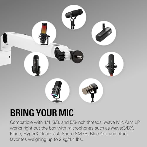 Elgato Wave Mic Arm LP White, Low Profile Boom Arm | Sits below shoulder line, 360-degree rotation, Magnetic cable channels, All-metal build, Fully adjustable mount - style: Mic Arm LP White