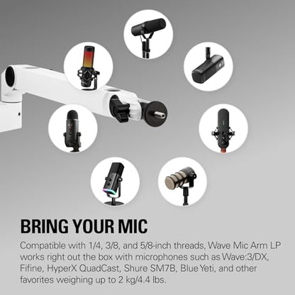 Elgato Wave Mic Arm LP White, Low Profile Boom Arm | Sits below shoulder line, 360-degree rotation, Magnetic cable channels, All-metal build, Fully adjustable mount - style: Mic Arm LP White