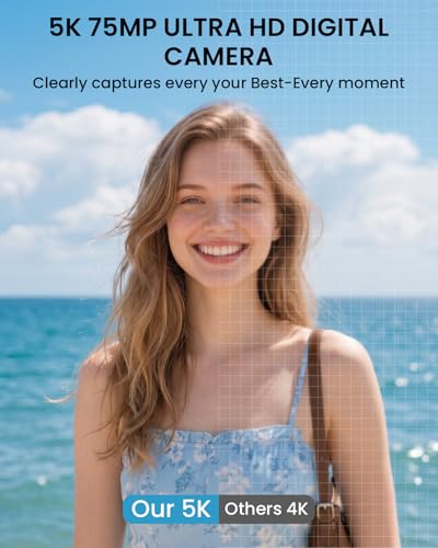 5K Digital Camera for Photography with Fill Light, 3'' 180°Flip Screen, 75MP Vlogging Camera for YouTube Video, 18X Zoom Compact Point and Shoot Cameras for Beginner Teens, Kids, Black