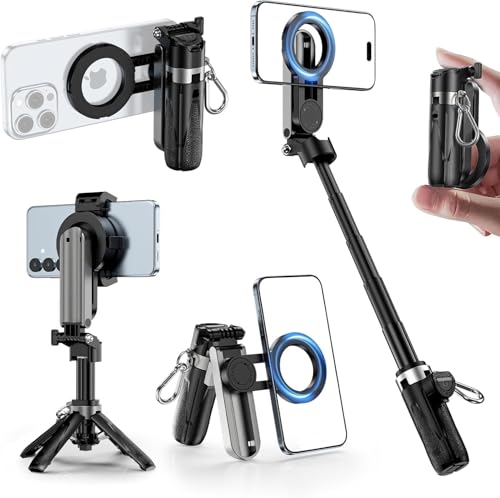 CloudValley Magnetic Mini Selfie Stick Tripod, 4-in-1 Pocket Size Phone Tripod with 360° Rotation, Choice Rechargeable Bluetooth Remote, Foldable Handle Grip, Compatible with MagSafe iPhone - style: No Light