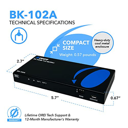 OREI 8K HDMI Splitter 1 X 2, Duplicate with Audio Extractor UltraHD Supports Upto 4K @ 120Hz IR EDID HDCP 2.3 - (BK-102A) (1x2 - Audio Out) - style: 8K@60Hz - 2 Outputs w/ Audio Extractor