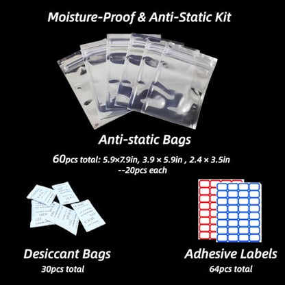Electronic Component Storage Organizer Protection Kit | Anti-static & Moisture-proof Kit with Storage Boxes, ESD Bags, Desiccants & Labels, Ideal for Electronics Hobbyists