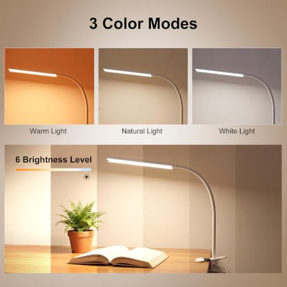 Vansuny Clip on Light LED Desk Lamp with Metal Clip, 6 Level Brightness 3 Color Modes, Power by USB Port 5W Adjustable Neck Eye-Caring Reading Light for Home and Office, White - color: White