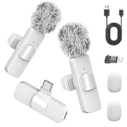White Wireless Lavalier Microphone for iPhone & Android - Mini Clip-On Mic with Noise Cancellation 2 Pack Lapel Mic Plug and Play Wireless Mic for Video Recording Interview Podcast Vlog YouTube