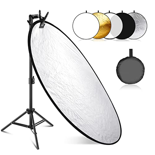NEEWER 43"/110cm Light Reflector Kit, 5 in 1 Collapsible Round Reflector (Translucent/Silver/Gold/White/Black), Metal Clamp and 21"-43”/53-110cm Short Stand for Low Angle Studio Photography - style: 110cm w/Clamp&Stand