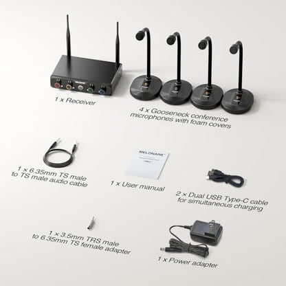 MELONARE 4-Channel Wireless Conference Microphone System, UHF Compact Cordless Mic Set w/ 4x10 Frequencies, 200ft Range, 4 Gooseneck Mics for Lecture, Church, Conference, Public Speaking (MWM-41-4G) - size: 4 Gooseneck Mics